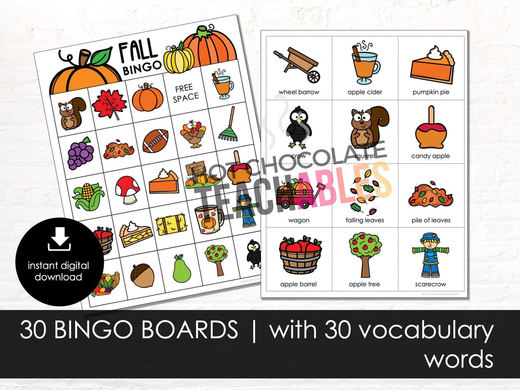 FALL Bingo, Printable AUTUMN Vocabulary Bingo Game, Practice Fall Words, 30 Bingo Boards for KIDS, Instant Download - Before The Party