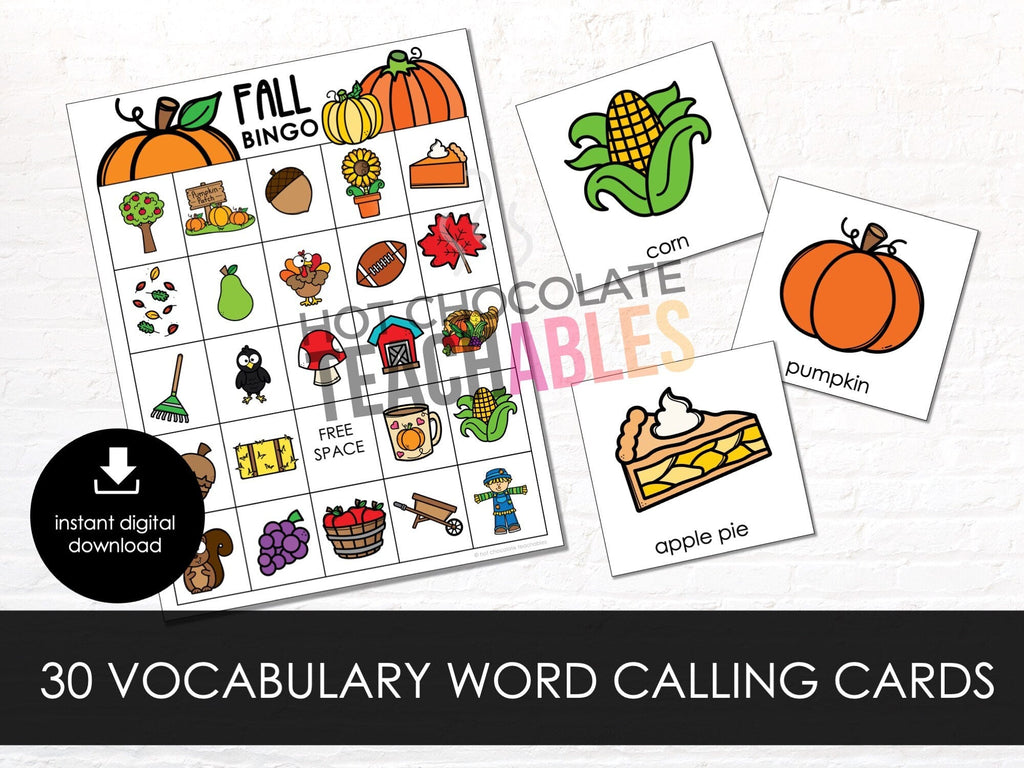 FALL Bingo, Printable AUTUMN Vocabulary Bingo Game, Practice Fall Words, 30 Bingo Boards for KIDS, Instant Download - Before The Party