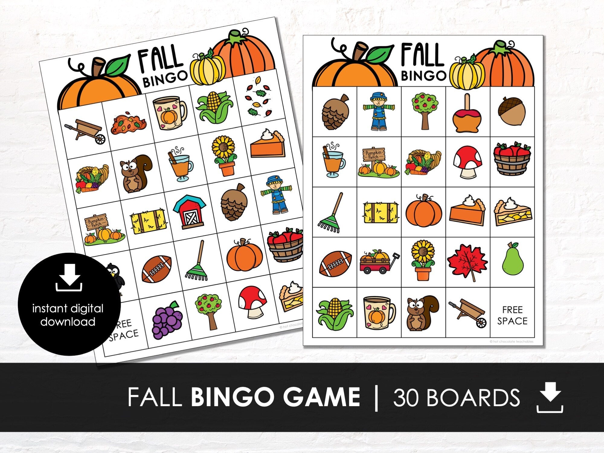 FALL Bingo, Printable AUTUMN Vocabulary Bingo Game, Practice Fall Words, 30 Bingo Boards for KIDS, Instant Download