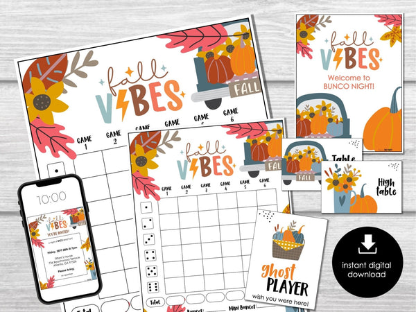 Fall VIBES Bunco Score Cards, Autumn Bunco Score Sheets, FALL Bunco Invitation, Pumpkin Theme Bunco Party Kit, September Bunco Night, BUNKO - Before The Party