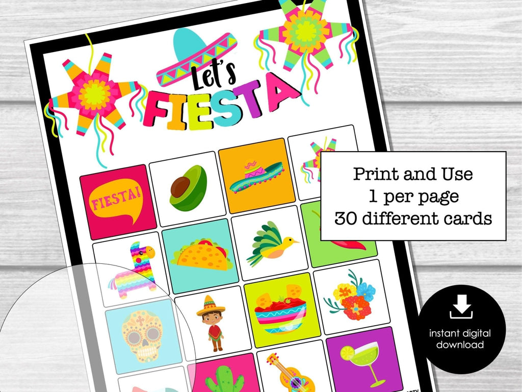 Fiesta Bingo Party Game Printable, Cinco De Mayo Bingo Game, Mexican Fiesta Bingo Game, Bingo Cards for Kids, 30 Bingo cards, Fiesta Party - Before The Party