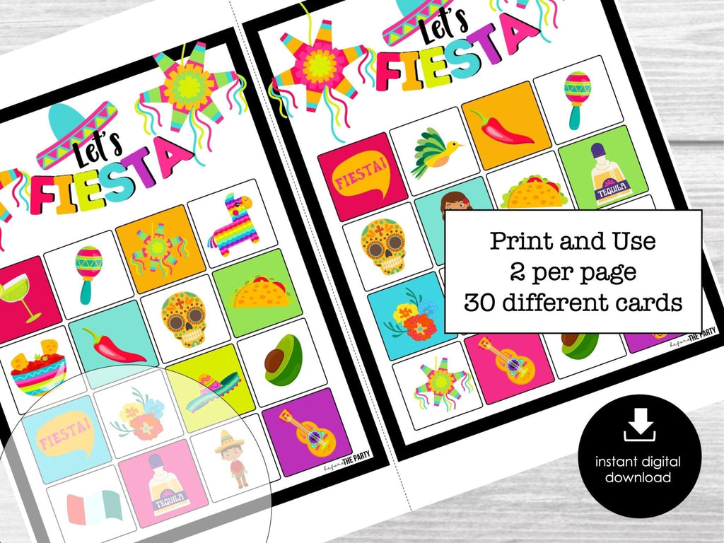 Fiesta Bingo Party Game Printable, Cinco De Mayo Bingo Game, Mexican Fiesta Bingo Game, Bingo Cards for Kids, 30 Bingo cards, Fiesta Party - Before The Party