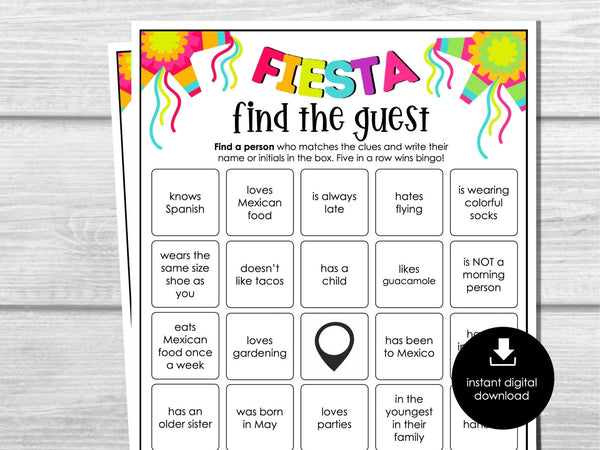 Fiesta Party Find the Guest Bingo, Find Someone Who Party Game, Printable Game, Fun Ice breaker Game for Cinco De Mayo Parties. Adults, Kids - Before The Party