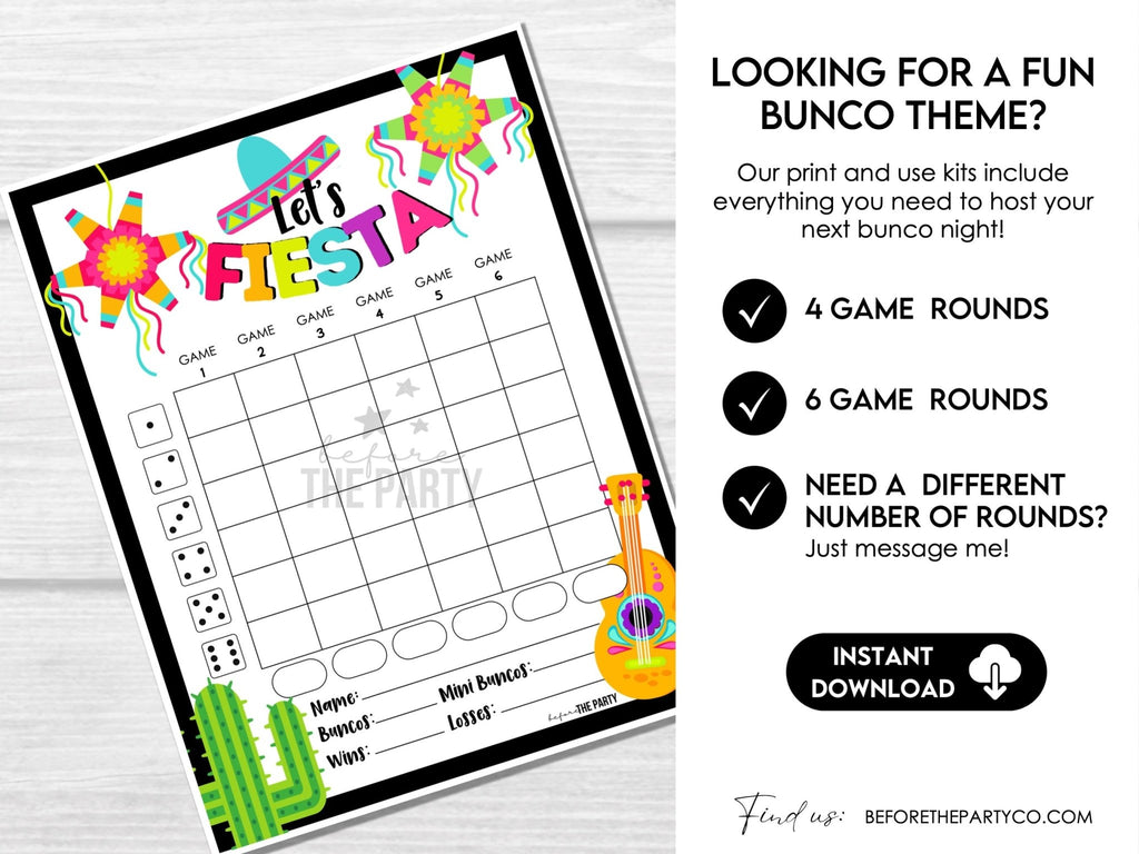 Fiesta Theme Bunco Score Cards - Mexican Party Bunco Tally Sheets and Invitations - Before The Party