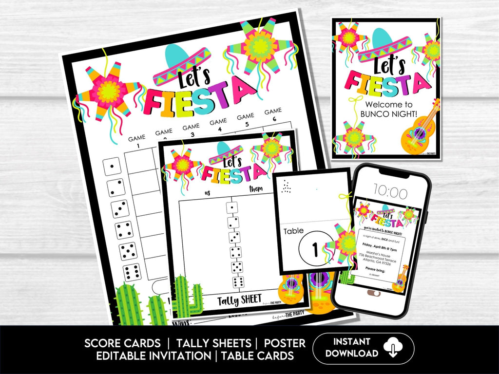 Fiesta Theme Bunco Score Cards - Mexican Party Bunco Tally Sheets and Invitations - Before The Party