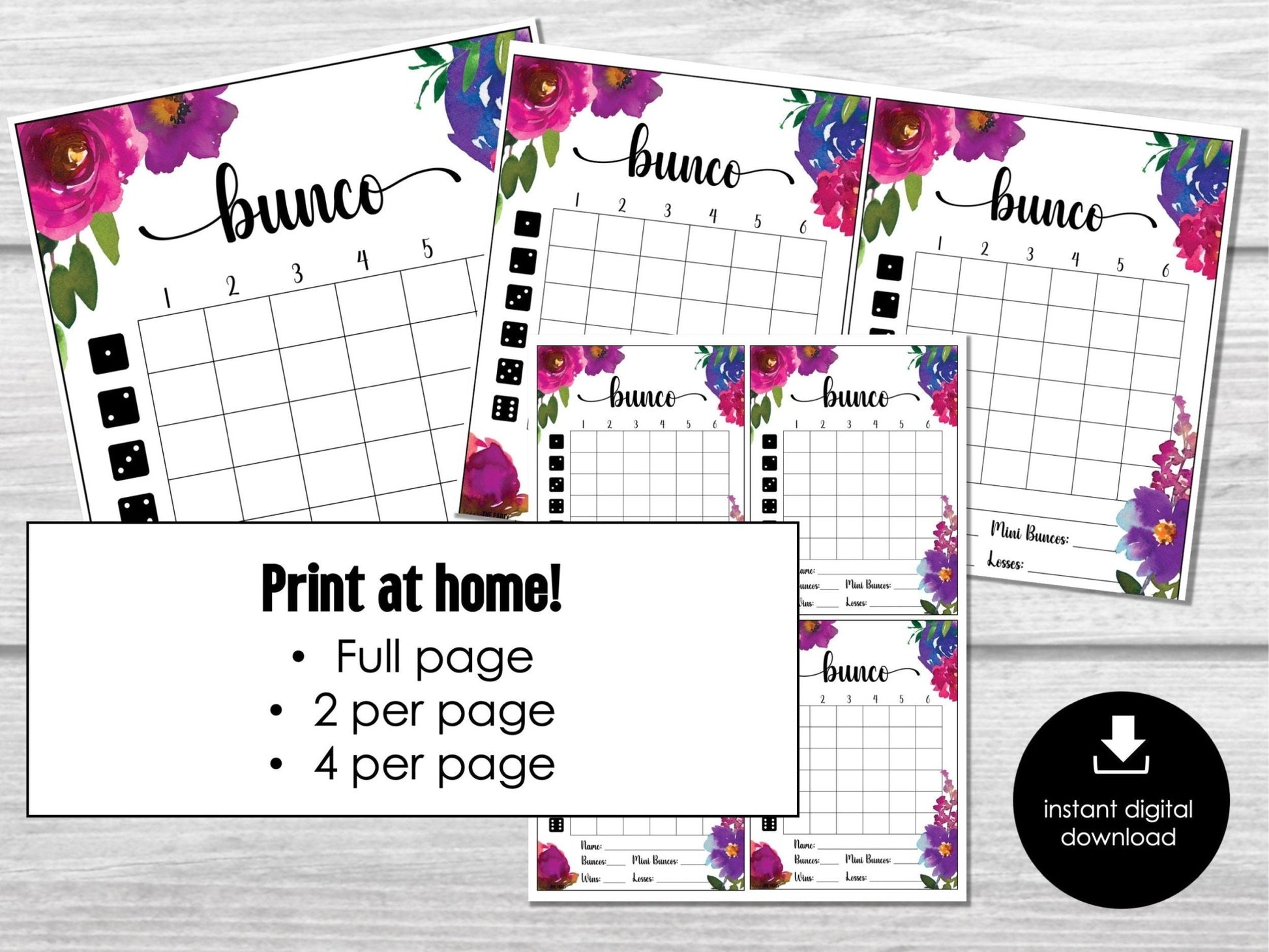 Floral Bunco Score Cards, Simple Bunco Score Sheets, Floral Bunco Party Kit, Tally Sheets, 4 Games | 6 Games, Bunko Night, Game Night - Before The Party
