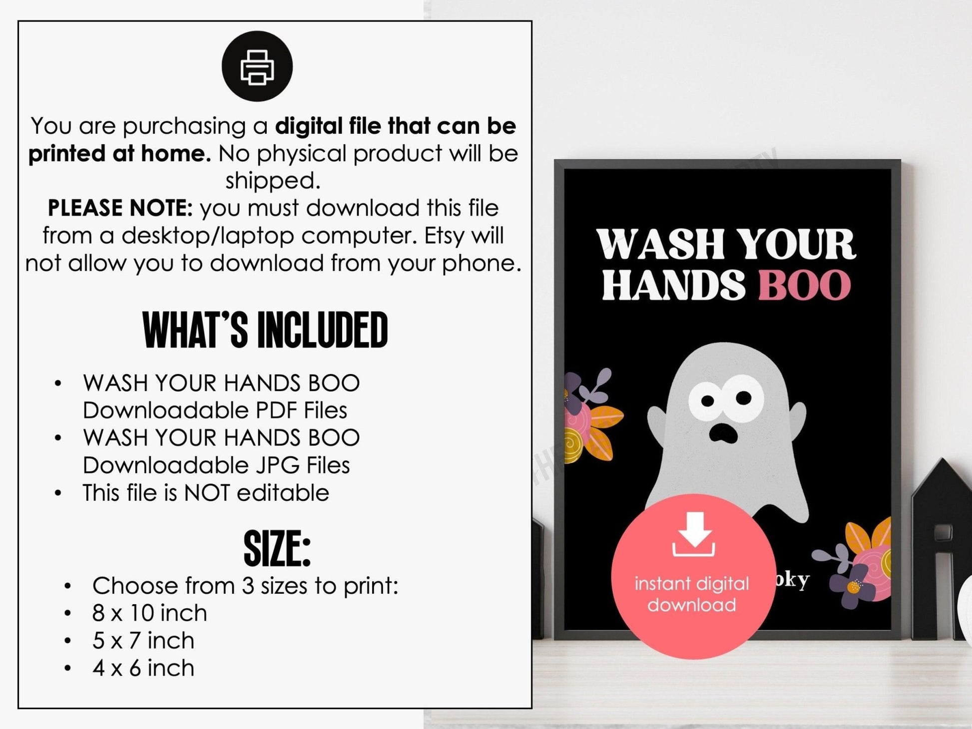 Halloween Bathroom Sign, Wash Your Hands Halloween Printable, Hostess Sign, Funny Halloween Print, Halloween Bathroom Wall Art, Floral Ghost - Before The Party