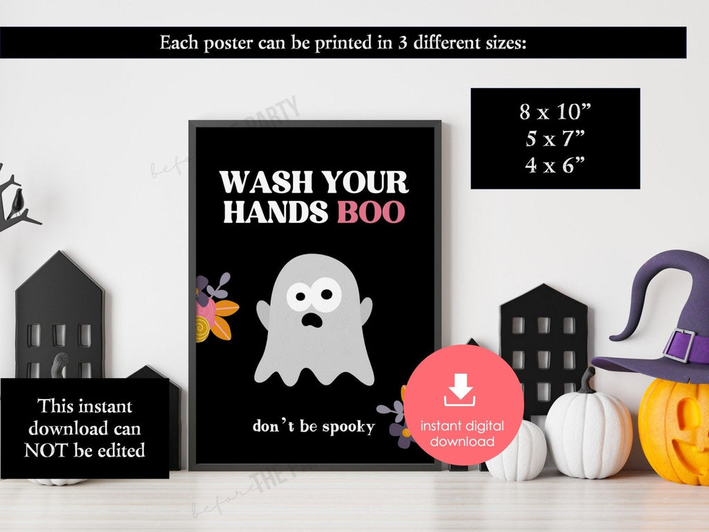 Halloween Bathroom Sign, Wash Your Hands Halloween Printable, Hostess Sign, Funny Halloween Print, Halloween Bathroom Wall Art, Floral Ghost - Before The Party