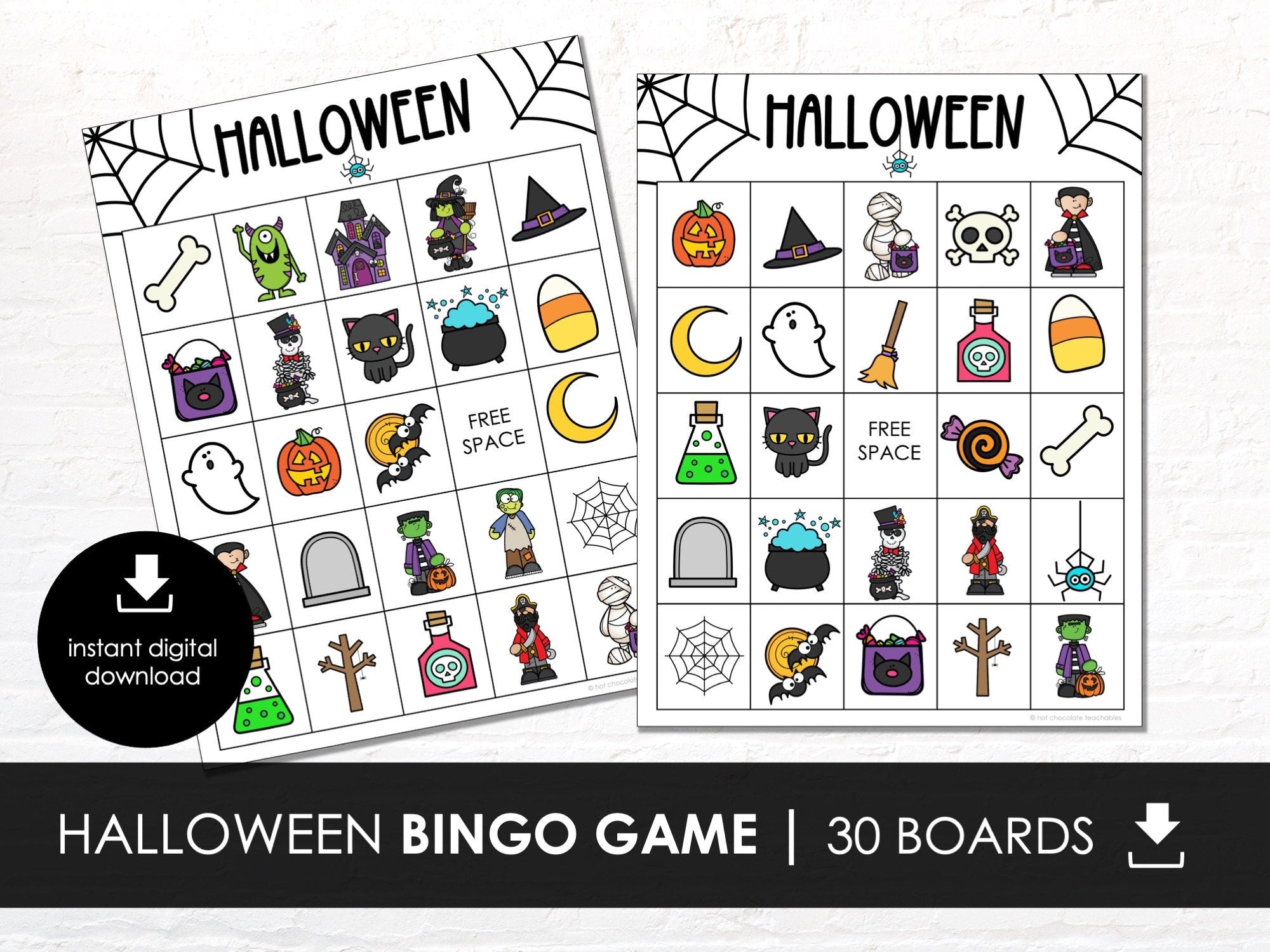 Halloween Bingo, Vocabulary Party Game Printable, 30 Bingo Boards for KIDS, Instant Download