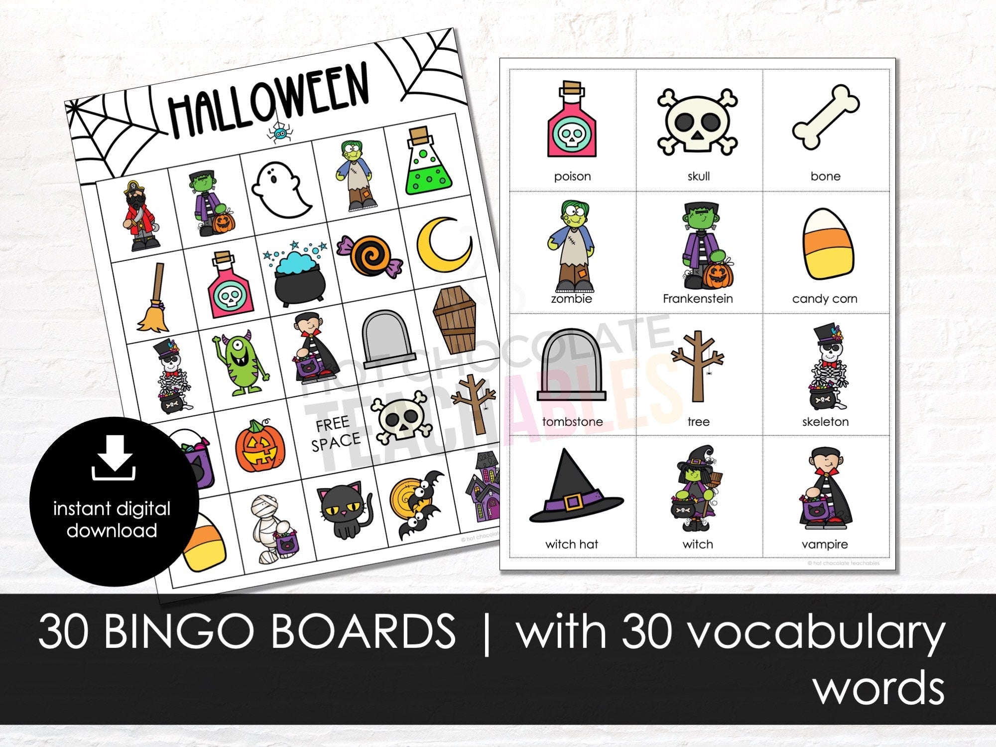 Halloween Bingo, Vocabulary Party Game Printable, 30 Bingo Boards for KIDS, Instant Download