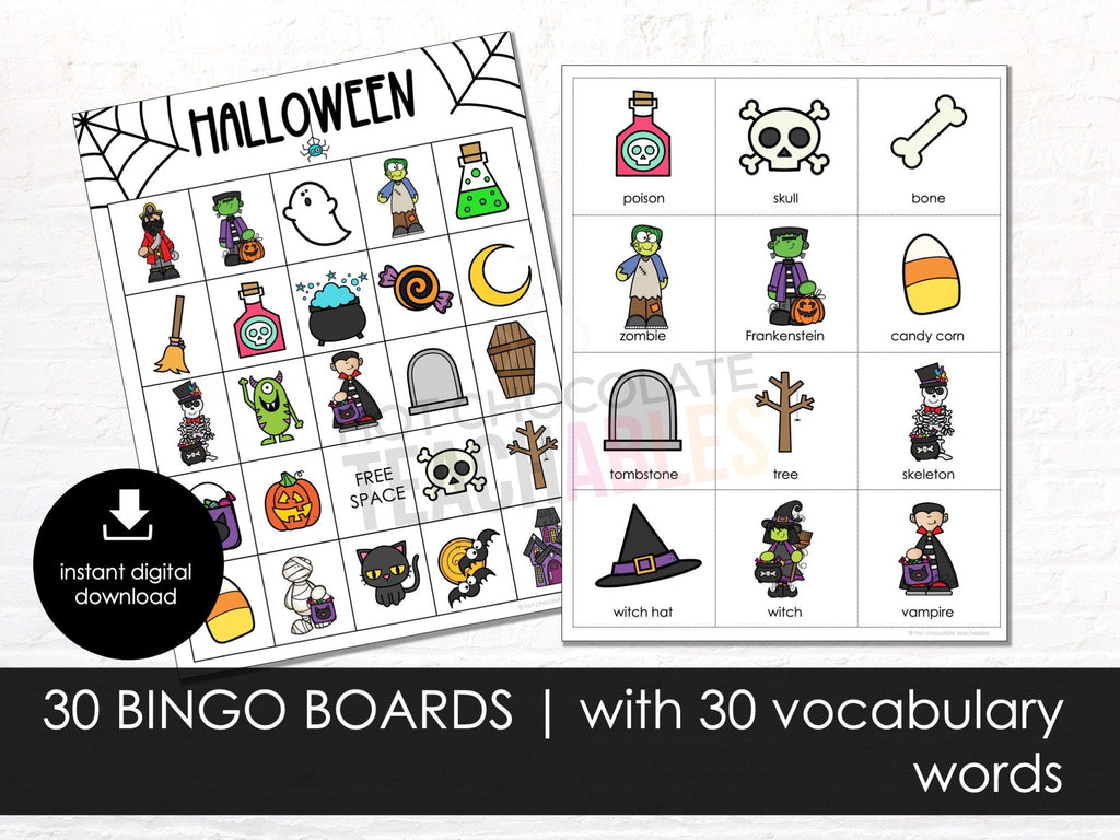 Halloween Bingo, Printable Halloween Vocabulary Bingo Game, Practice Halloween Words, 30 Bingo Boards for KIDS, Instant Download - Before The Party