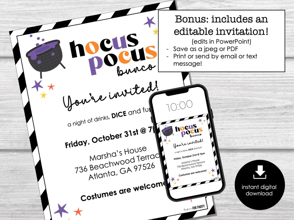 Halloween Bunco Score Cards, Hocus Pocus Score Sheets, October, Bunco Invitation, Halloween Theme - Before The Party