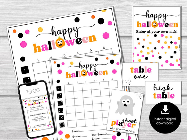 Halloween Bunco Score Cards, October Score Sheets, Pink Polka Dots & Pumpkins Bunco Invitation, Halloween Theme Bunco Party, Bunco Cards - Before The Party