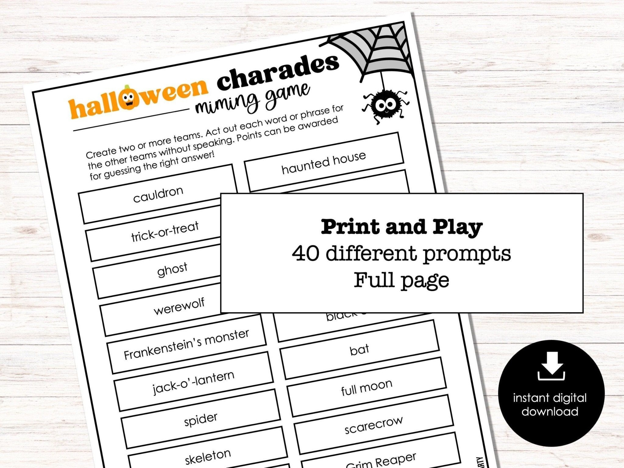 Halloween Charades Party Game for Adults and Kids, Classroom Charades Holiday Miming Game, Office Party Game
