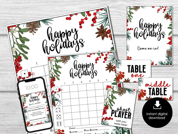 Happy Holidays Bunco Score Sheets, Christmas December Bunco Game, January Bunco Party Kit, Winter Bunco with Table Cards, Invitation, Tally - Before The Party