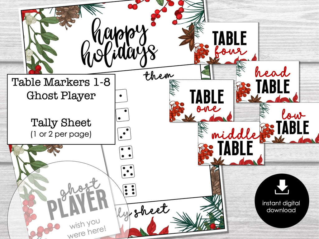 Happy Holidays Bunco Score Sheets, Christmas December Bunco Game, January Bunco Party Kit, Winter Bunco with Table Cards, Invitation, Tally - Before The Party