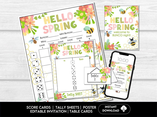 Hello Spring Bee Floral Bunco Score Cards - includes tally sheets, invitation, table cards, name tags - Before The Party