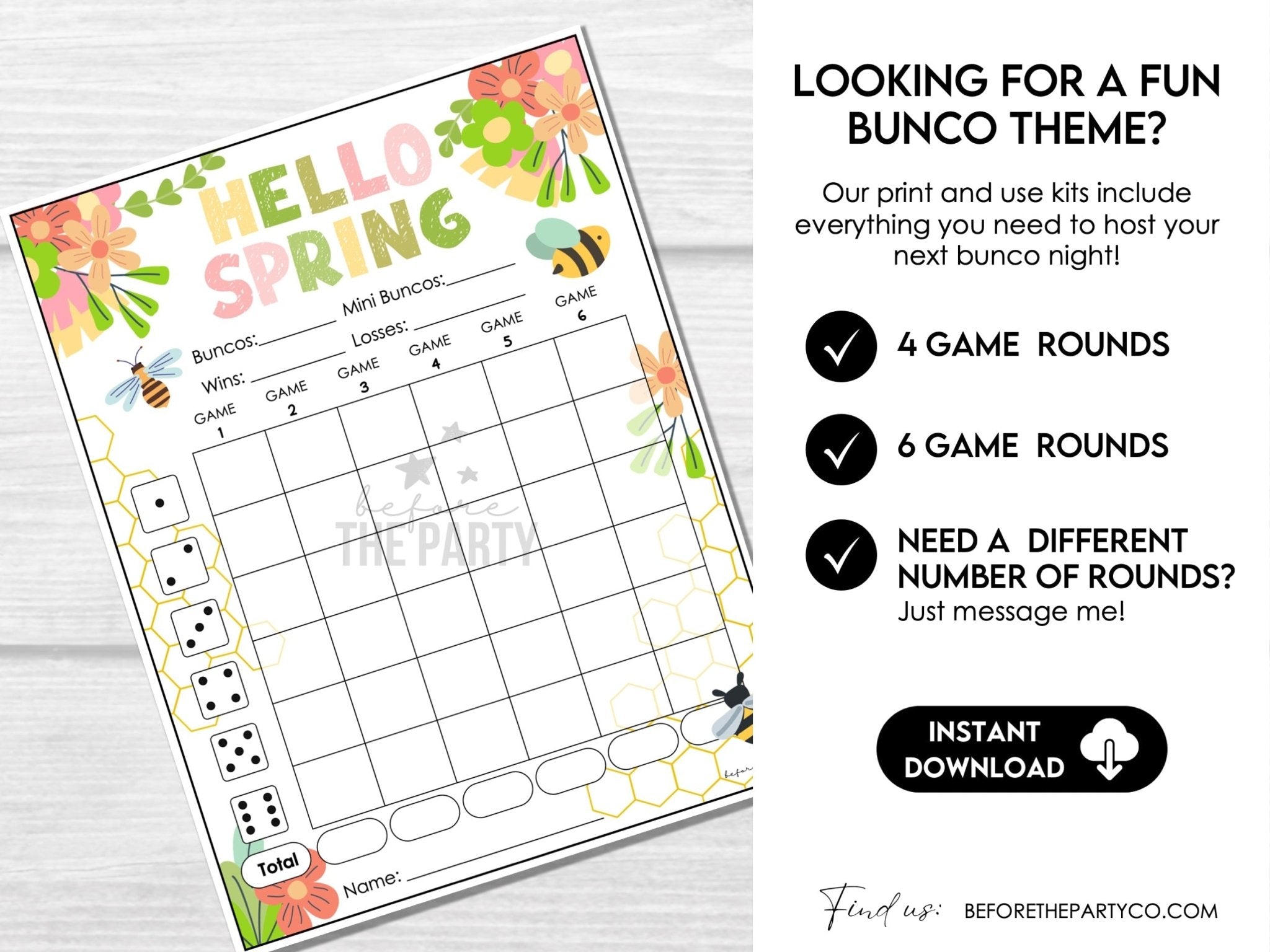Hello Spring Bee Floral Bunco Score Cards - includes tally sheets, invitation, table cards, name tags - Before The Party
