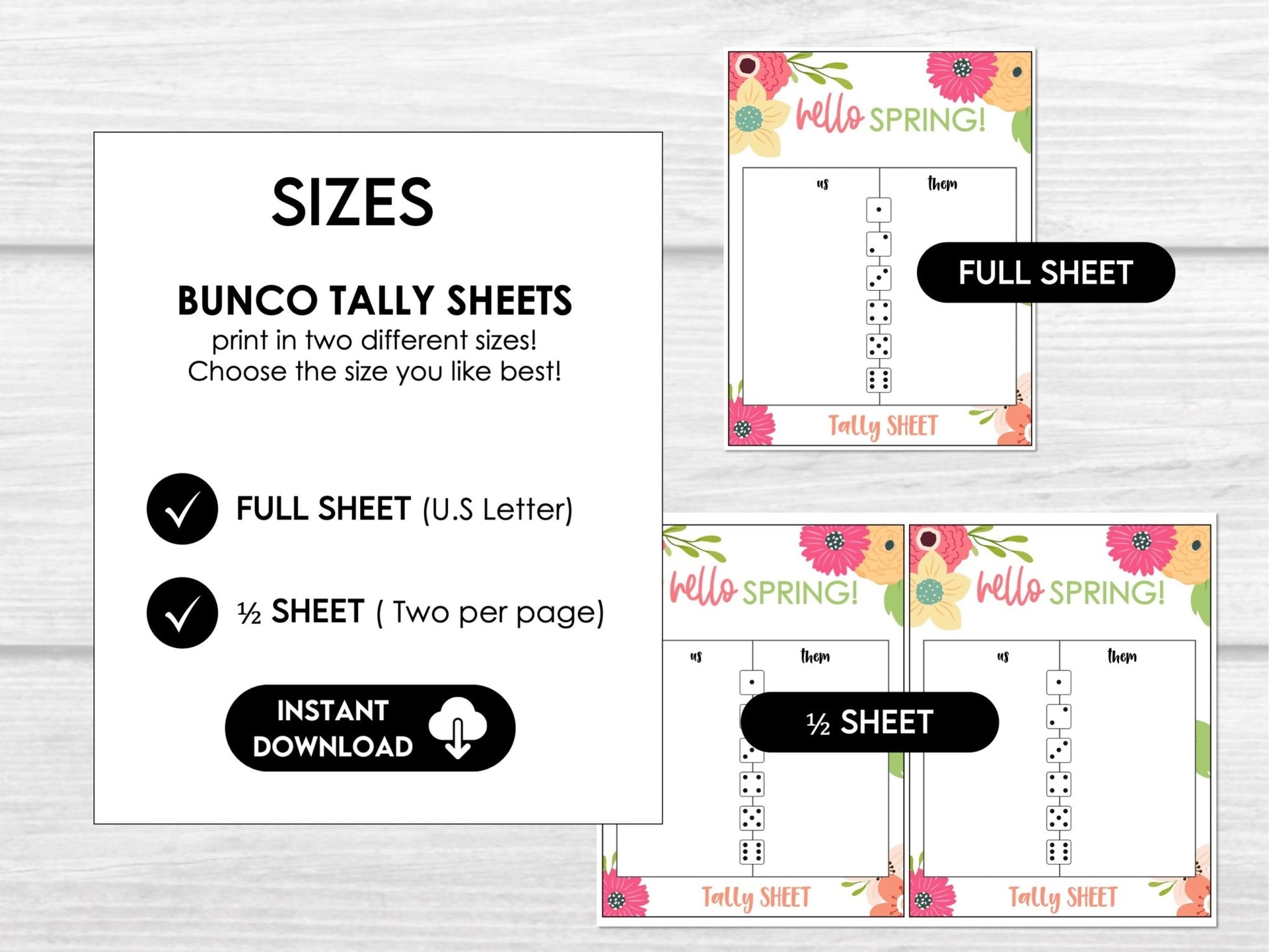 Hello Spring Floral Bunco Score Cards, April Bunco Score Sheets, Spring Bunco Invitation