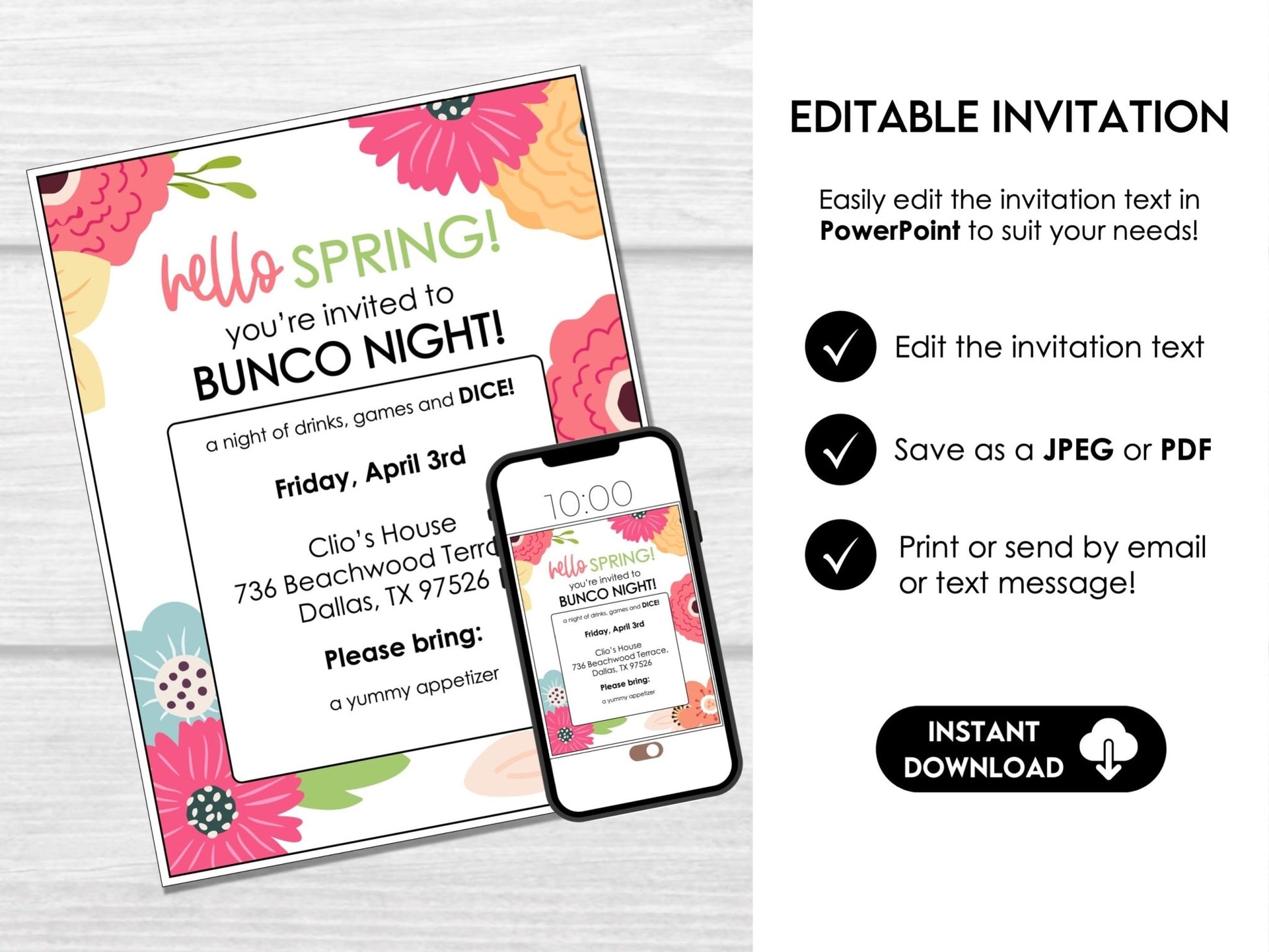 Hello Spring Floral Bunco Score Cards, April Bunco Score Sheets, Spring Bunco Invitation