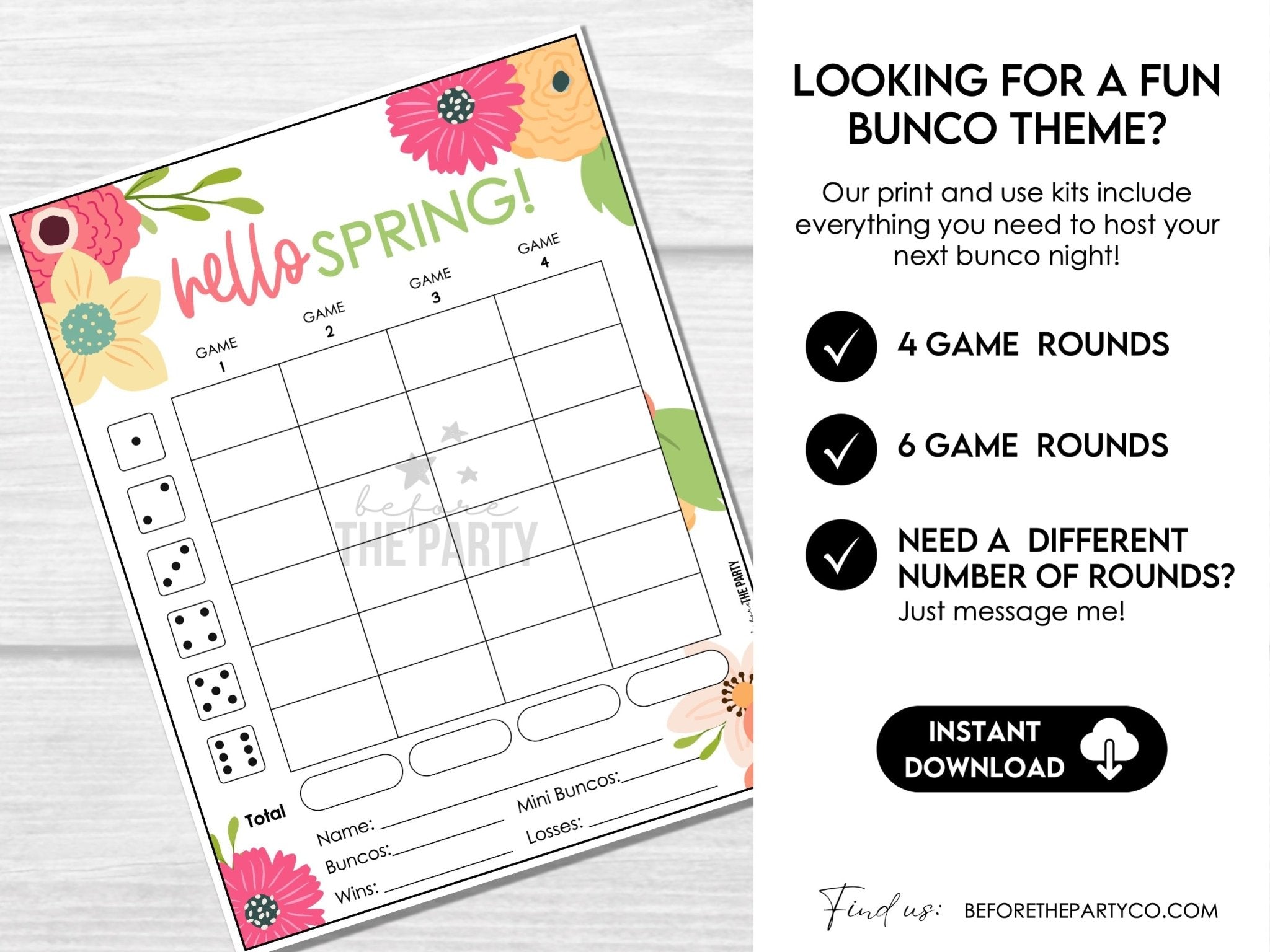Hello Spring Bunco Score Cards, April Bunco Score Sheets, Spring Bunco Invitation, Floral Bunco Party Kit, Spring Floral Bunco Night - Before The Party