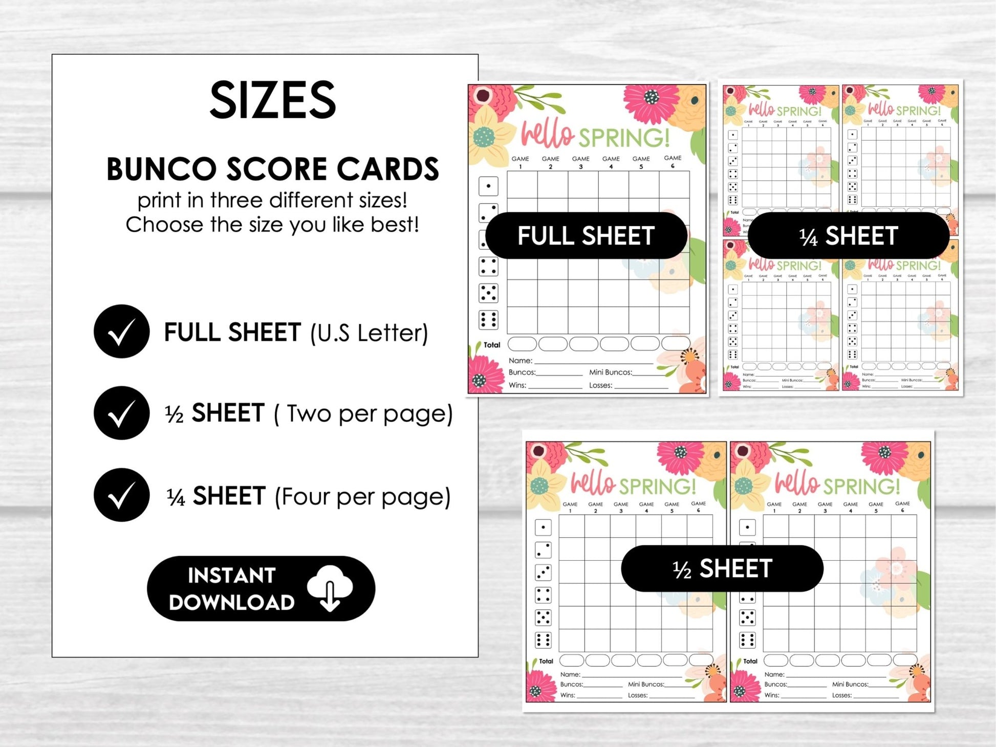 Hello Spring Floral Bunco Score Cards, April Bunco Score Sheets, Spring Bunco Invitation