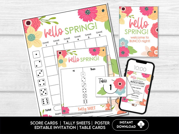 Hello Spring Bunco Score Cards, April Bunco Score Sheets, Spring Bunco Invitation, Floral Bunco Party Kit, Spring Floral Bunco Night - Before The Party