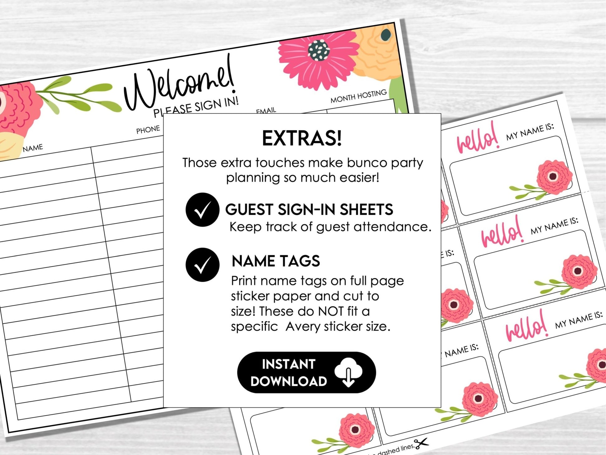 Hello Spring Floral Bunco Score Cards, April Bunco Score Sheets, Spring Bunco Invitation