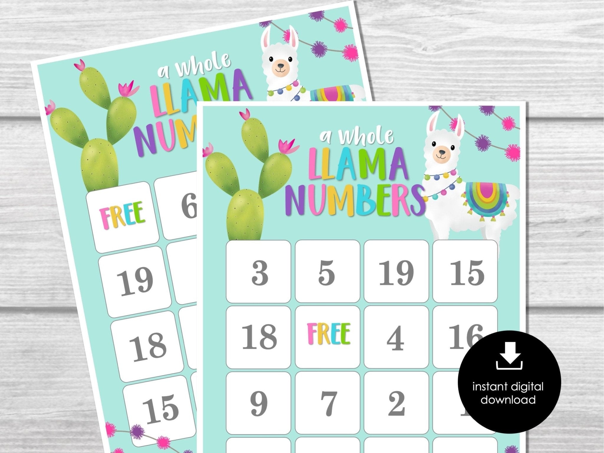 Llama Party Bingo Game, Cute Bingo Cards, Bingo Printable for Kids, Number Practice Bingo Game,