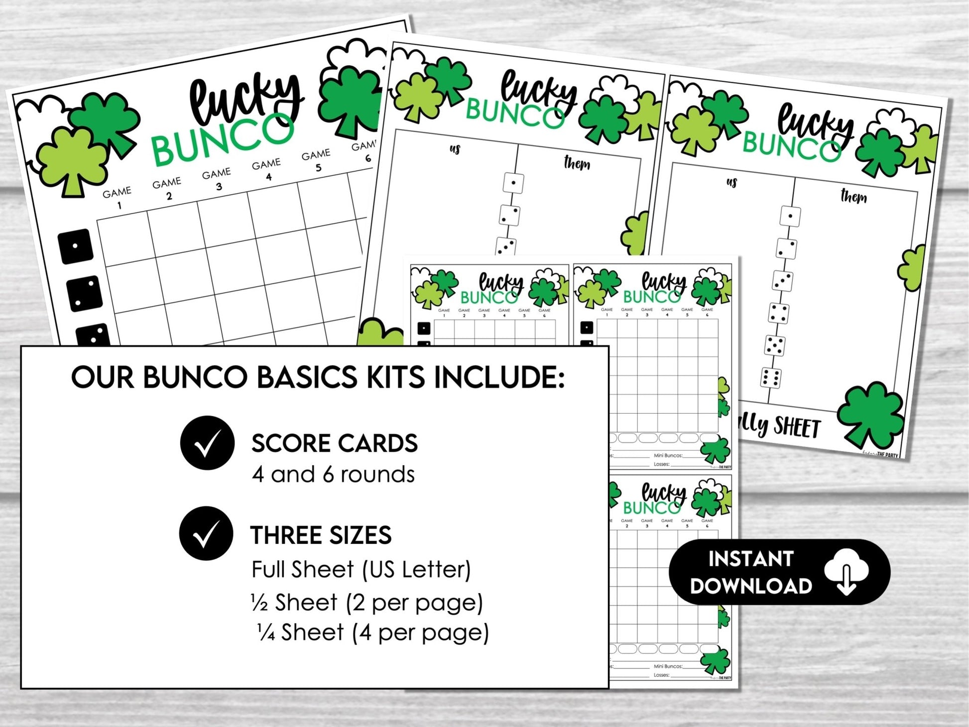 March Bunco Score Sheets, Bunco Printable, St. Patricks Bunko Party 4 games | 6 games