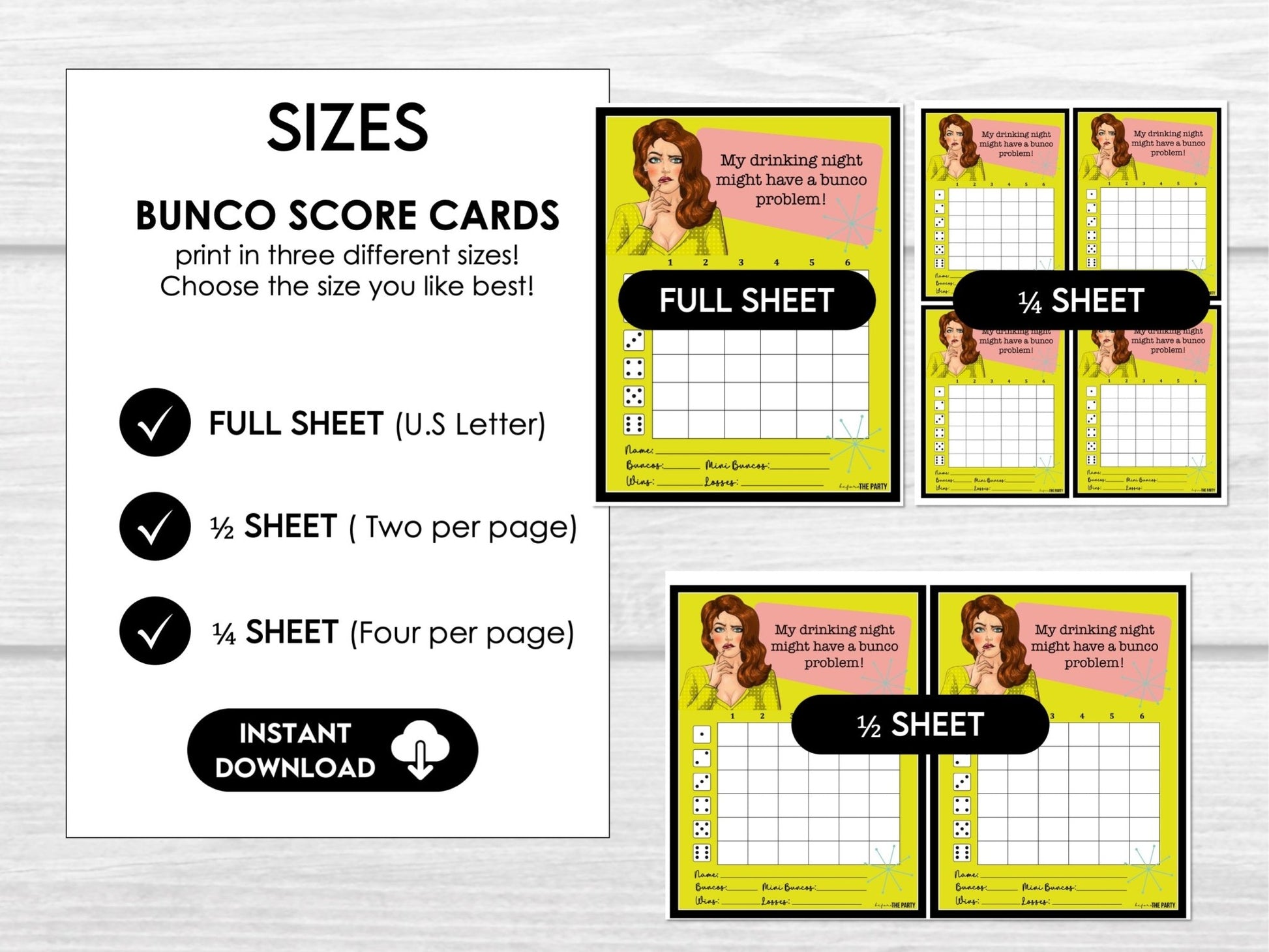 My Drinking Night Might Have a Bunco Problem! Funny Retro Bunco Score Card Instant Download