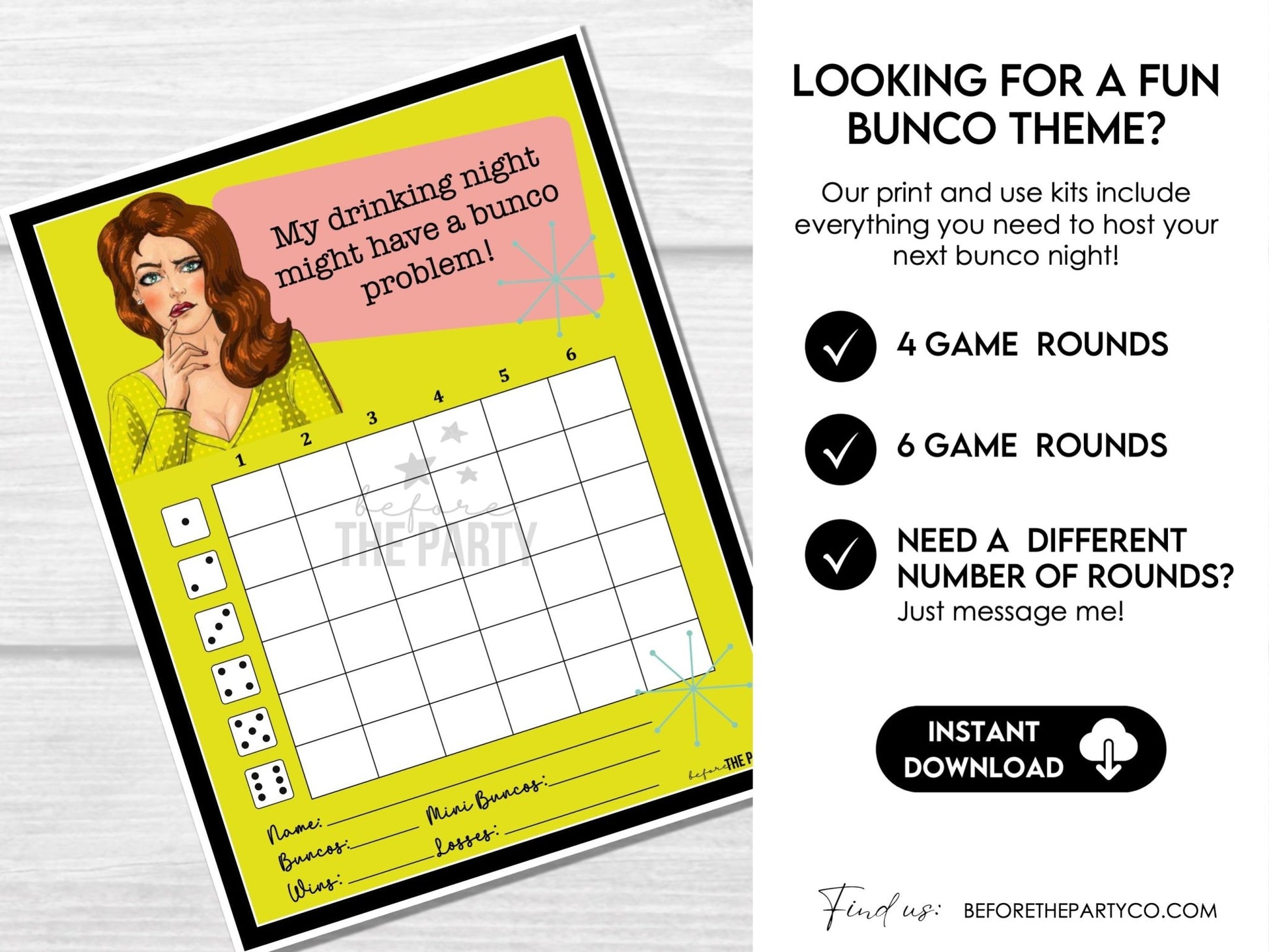My Drinking Night Might Have a Bunco Problem! Funny Retro Bunco Score Card Instant Download