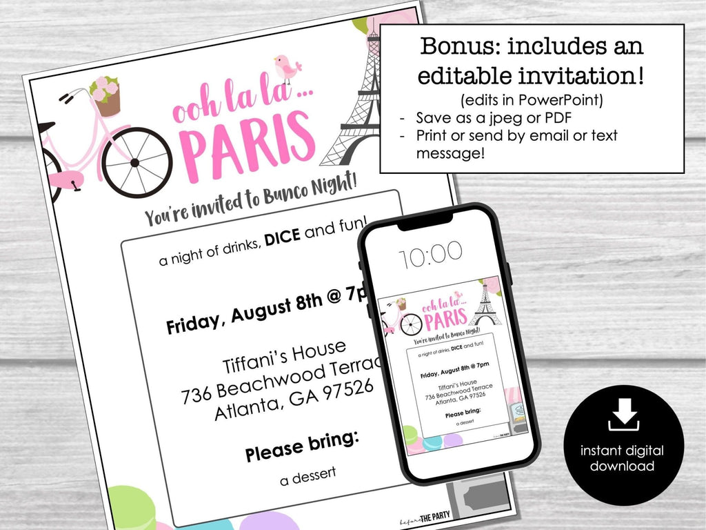 Night in Paris Theme Bunco Score Sheets, Bunco Night, French Bunco Party, France Bunco Printable, Bunco Table Signs, Fun Bunco Game, Bunko - Before The Party