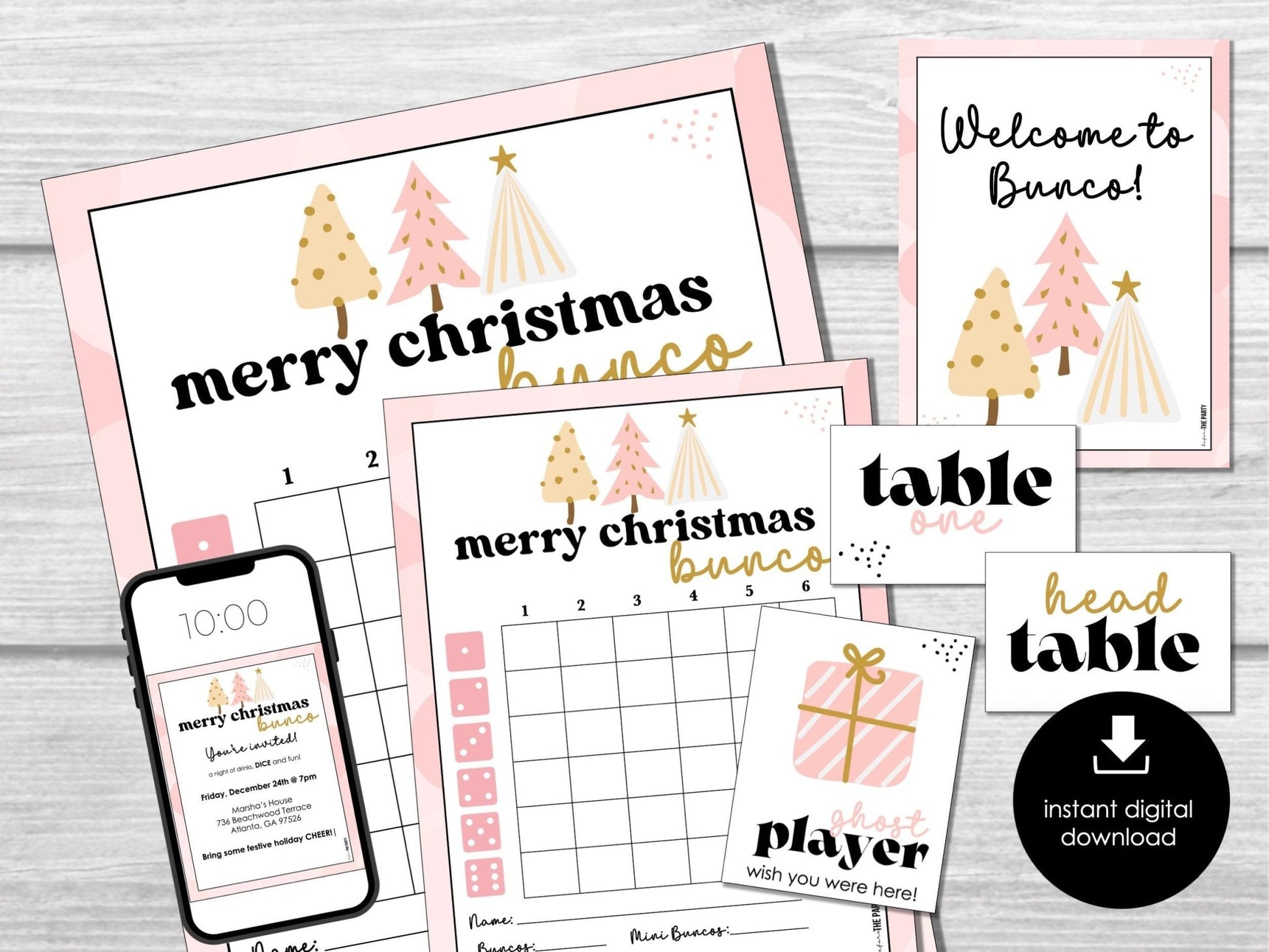 Pink Christmas Bunco Score Sheets, December Bunco Game, Christmas Bunco Invitation, Fun XMAS Bunco Party Kit, Boho Christmas Score Cards - Before The Party