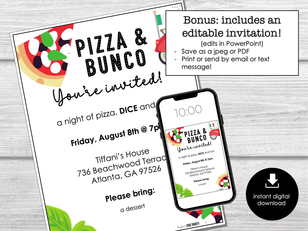 Pizza Party Bunco Score Sheets, Italian Theme Bunco, Pizza Night Bunco, Bunco Score Cards, Bunco Table Signs, Bunco Game, Bunco Invitation - Before The Party