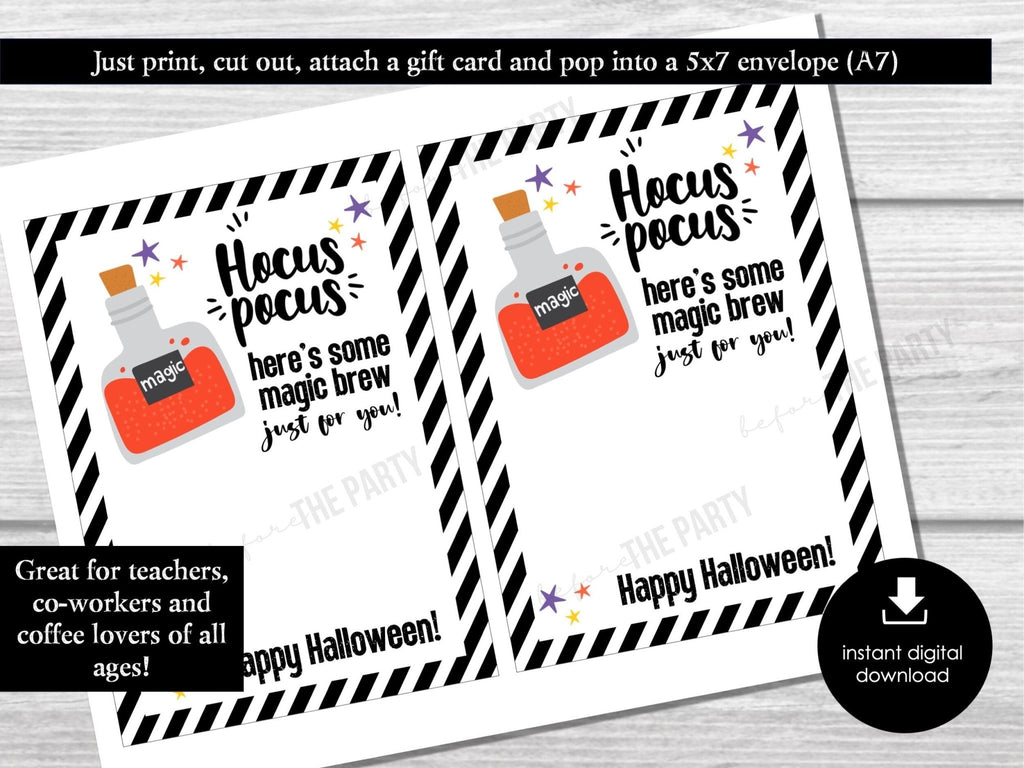 Printable Halloween Coffee Gift Card Holder, Teacher Appreciation Gift Card, Hocus Pocus Coffee Gift, Halloween Party Gift, Employee Gift - Before The Party