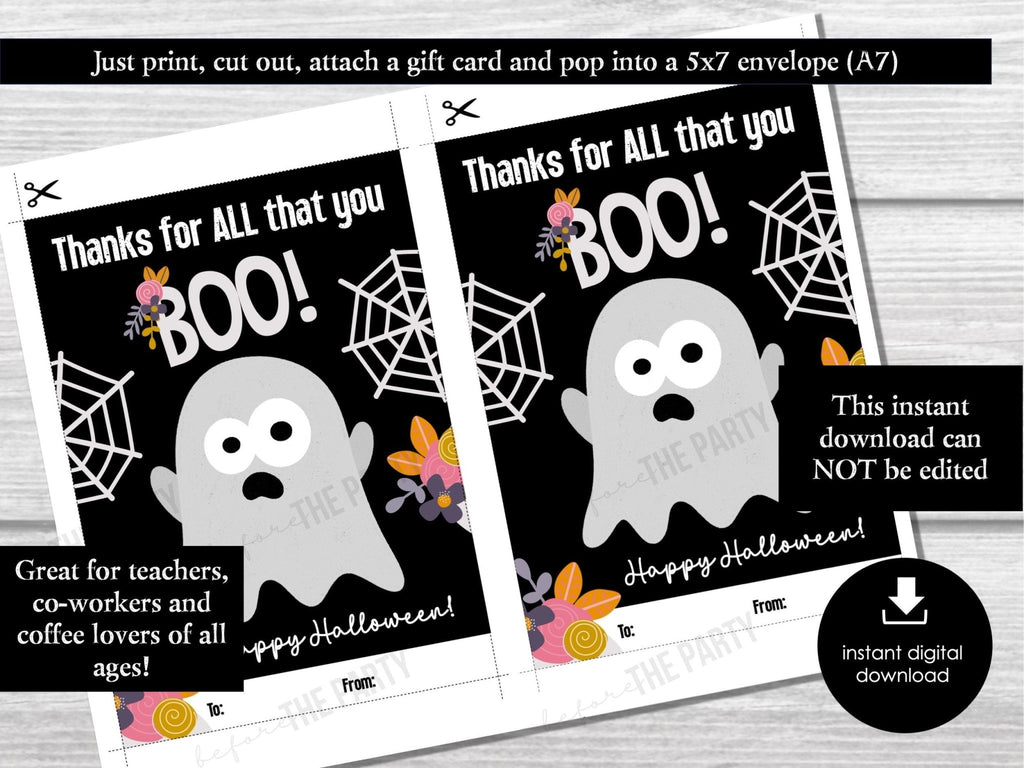 Printable Halloween Gift Card Holder, Teacher Appreciation Gift Card, Coffee Gift, Halloween Party Gift, Employee, Staff Gift, Thanks Boo - Before The Party