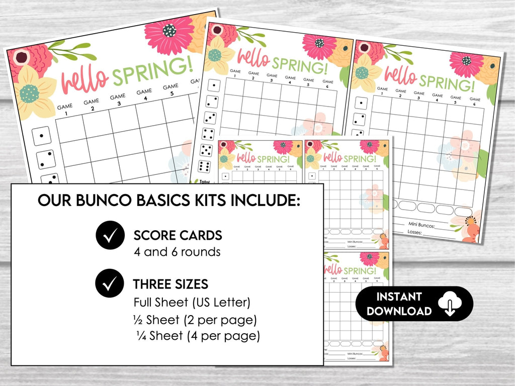 Printable Spring Bunco Score Sheet Bundle, Hello Spring Flowers, April Bunco Night, Bunco Tally Sheet, includes 4 and 6 game rounds - Before The Party