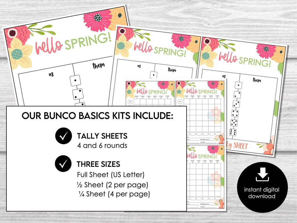 Printable Spring Bunco Score Sheet Bundle, Hello Spring Flowers, April Bunco Night, Bunco Tally Sheet, includes 4 and 6 game rounds - Before The Party