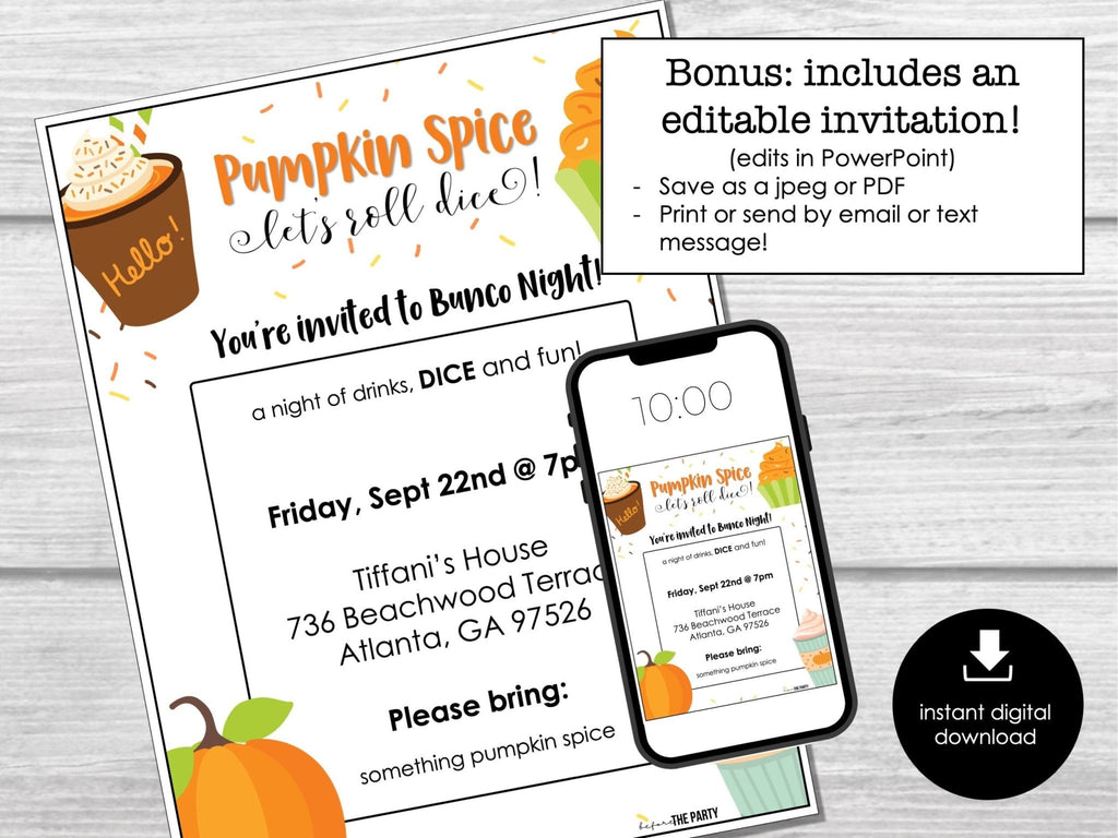 Pumpkin Spice Bunco Score Cards, Autumn Bunco Score Sheets, FALL Bunco Invitation, Pumpkin Theme Bunco Party Kit, Bunco Night Printable - Before The Party