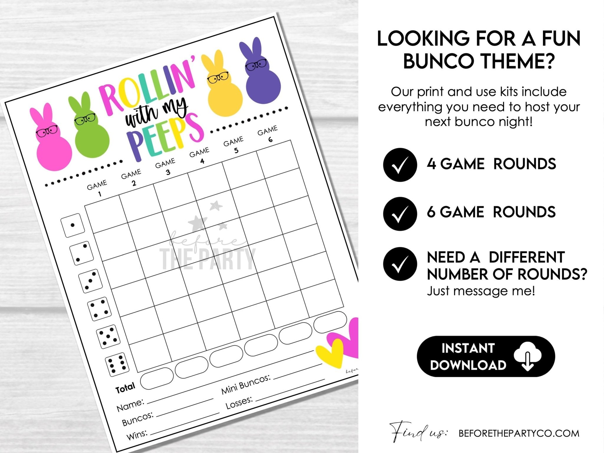 Rollin' with my PEEPS Bunco Party Set - includes tally sheets, table cards and invitations - Before The Party