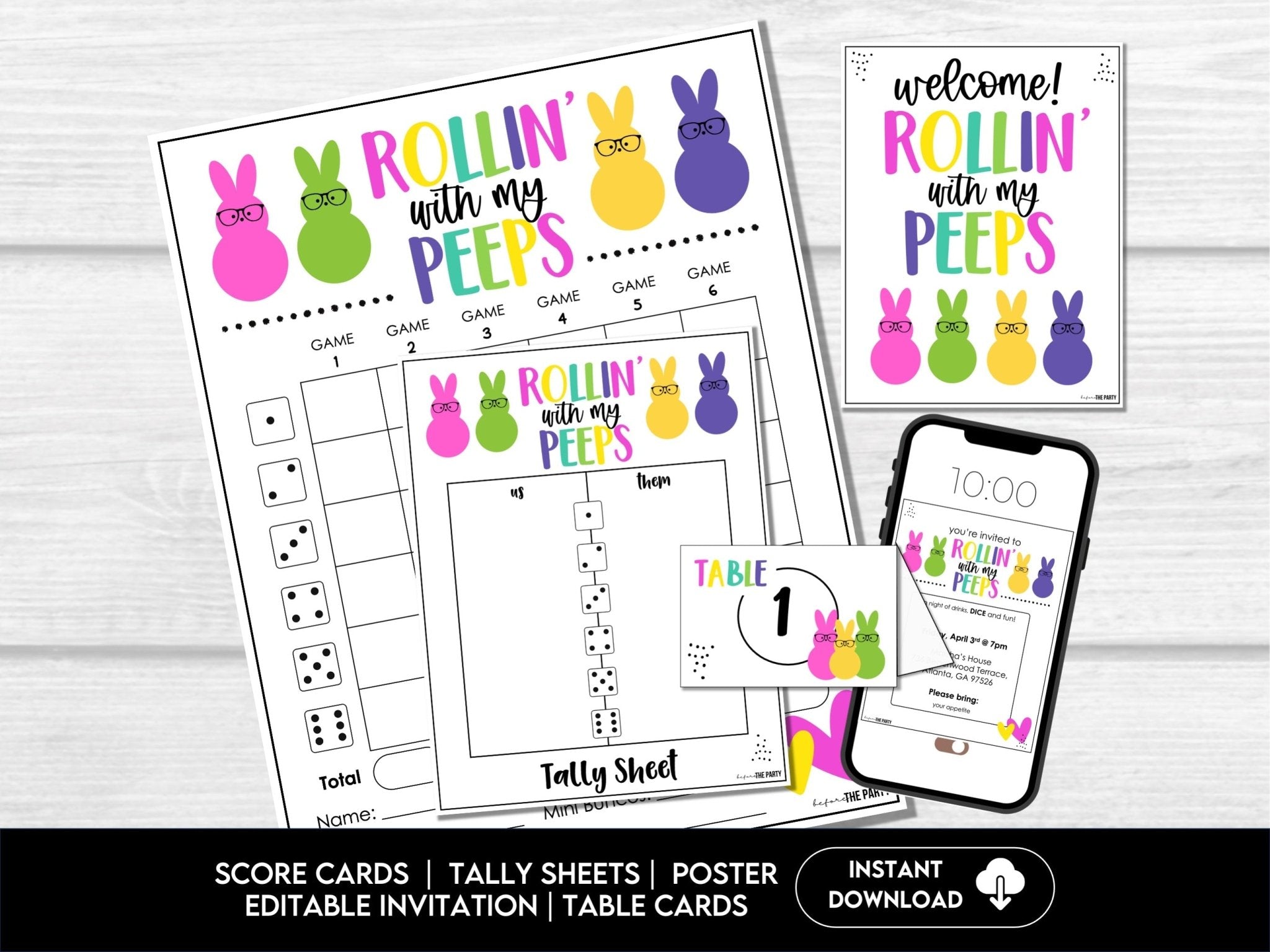 Rollin' with my PEEPS Bunco Party Set - includes tally sheets, table cards and invitations - Before The Party
