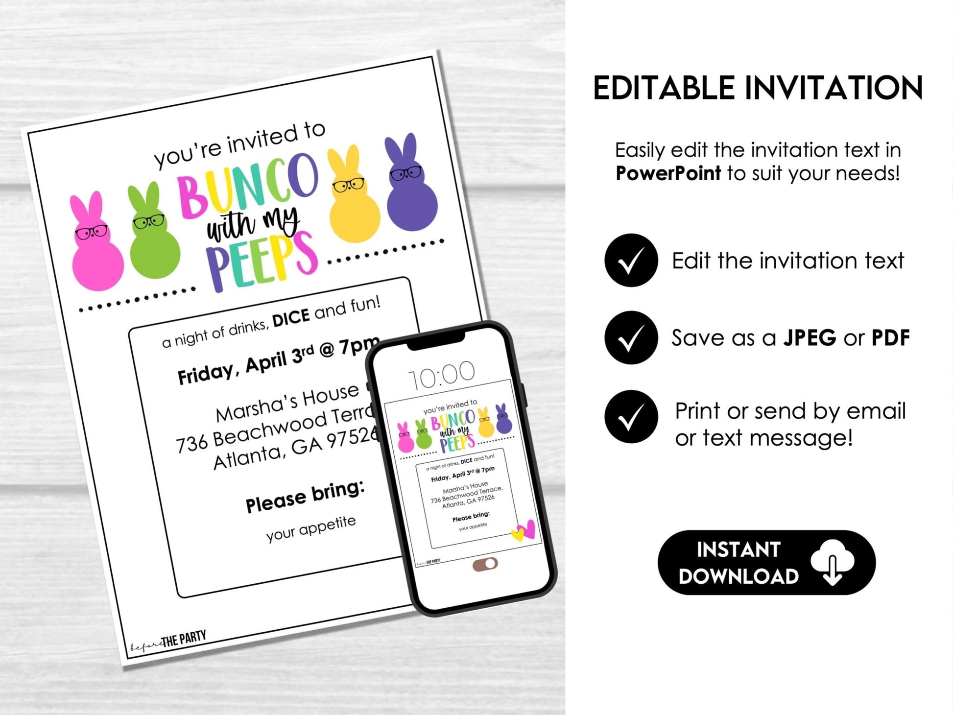 Rollin' with my PEEPS Bunco Party Set - includes tally sheets, table cards and invitations - Before The Party