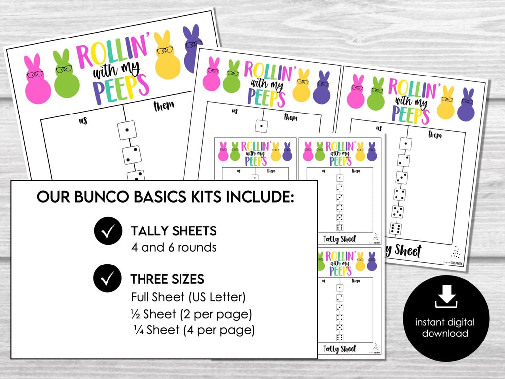 Rollin with my Peeps Score Sheet Bundle, Fun Easter Scorecards, Tally Sheets for Bunco Night, Bunco Tally Sheet, 4 and 6 game rounds - Before The Party