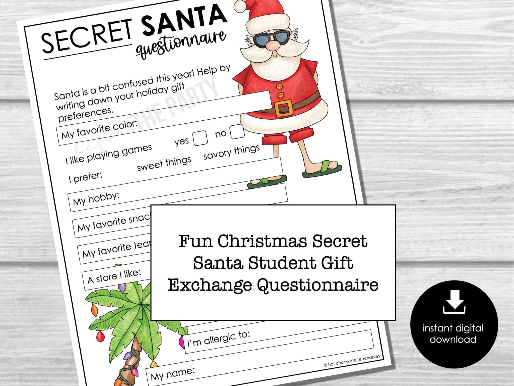 Secret Santa Questionnaire for Kids | Student Gift Exchange Form | Classroom Secret Santa Letter | Holiday Gift Swap Printable
