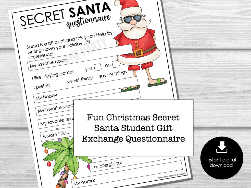 Secret Santa Questionnaire for Kids | Student Gift Exchange Form | Classroom Secret Santa Letter | Holiday Gift Swap Printable - Before The Party