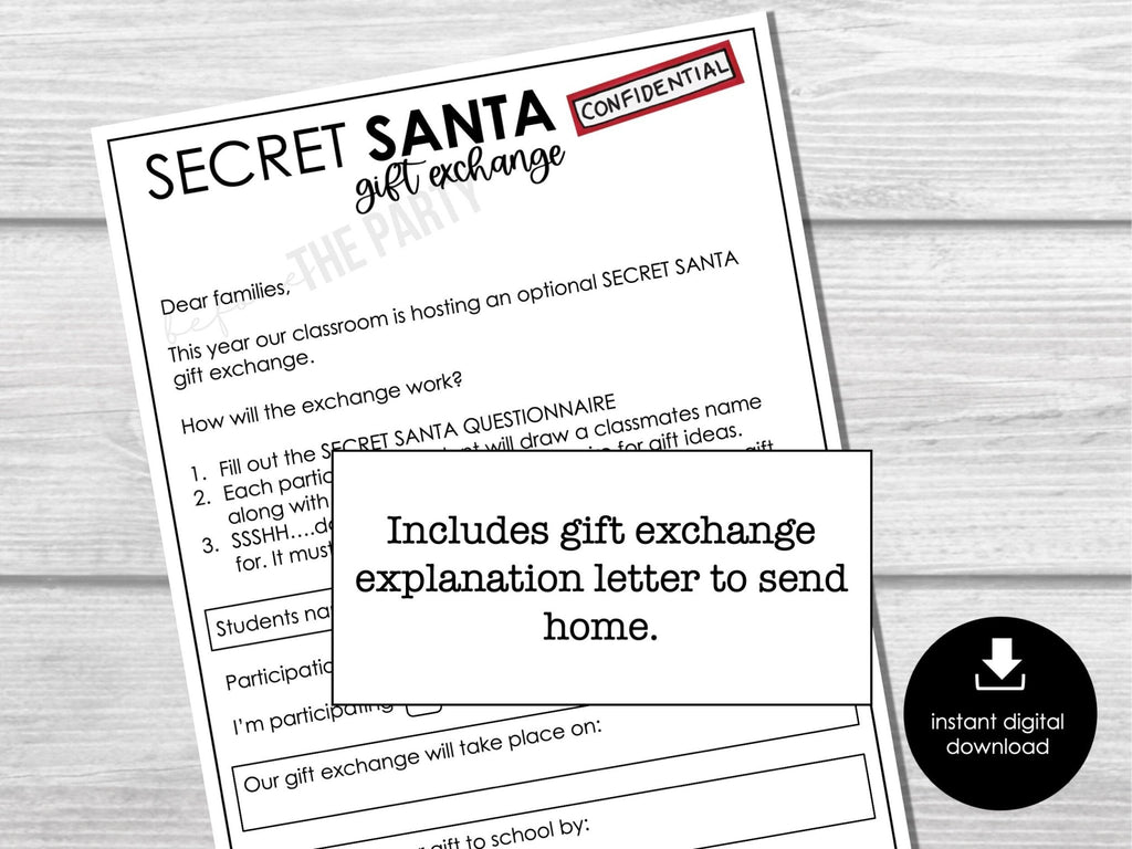 Secret Santa Questionnaire for Kids | Student Gift Exchange Form | Classroom Secret Santa Letter | Holiday Gift Swap Printable - Before The Party