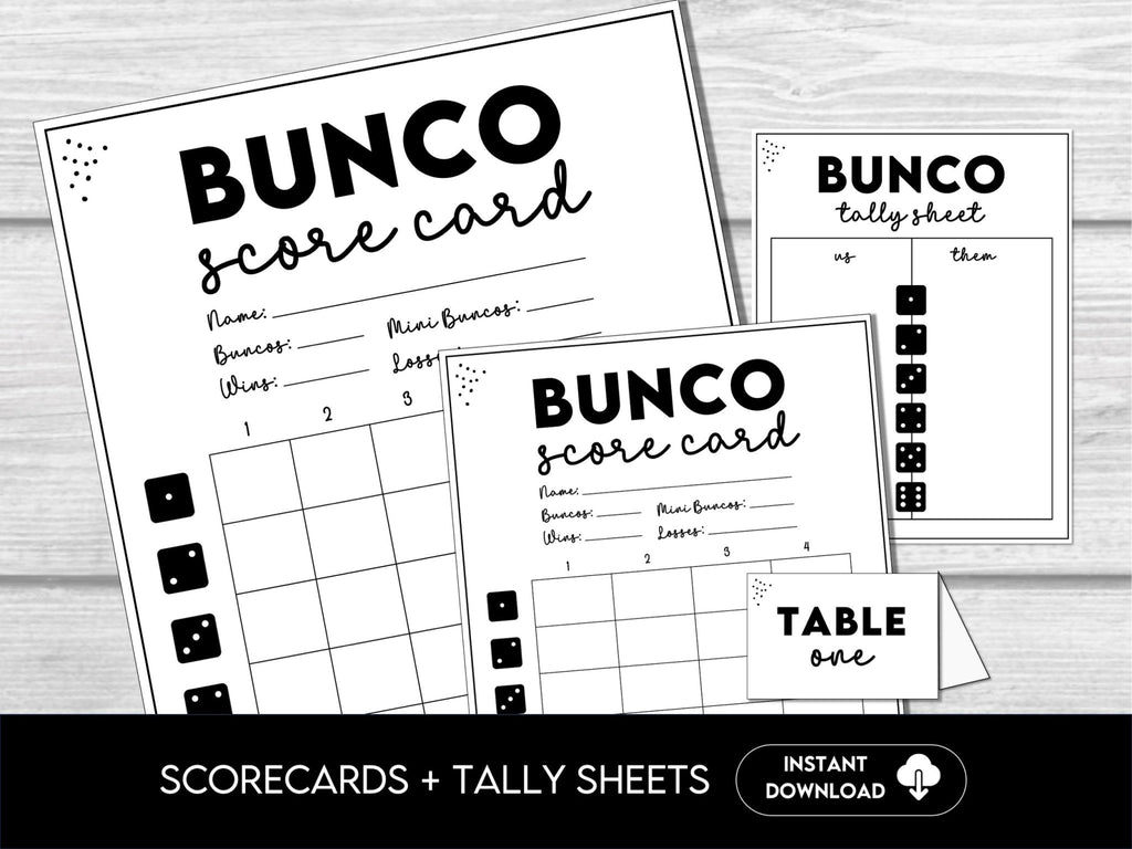 Simple Bunco Score Cards, Minimalist Neutral Bunco Score Sheets, Numbered Table Cards, Tally Sheets - 4 and 6 Game Rounds - No theme Bunco - Before The Party