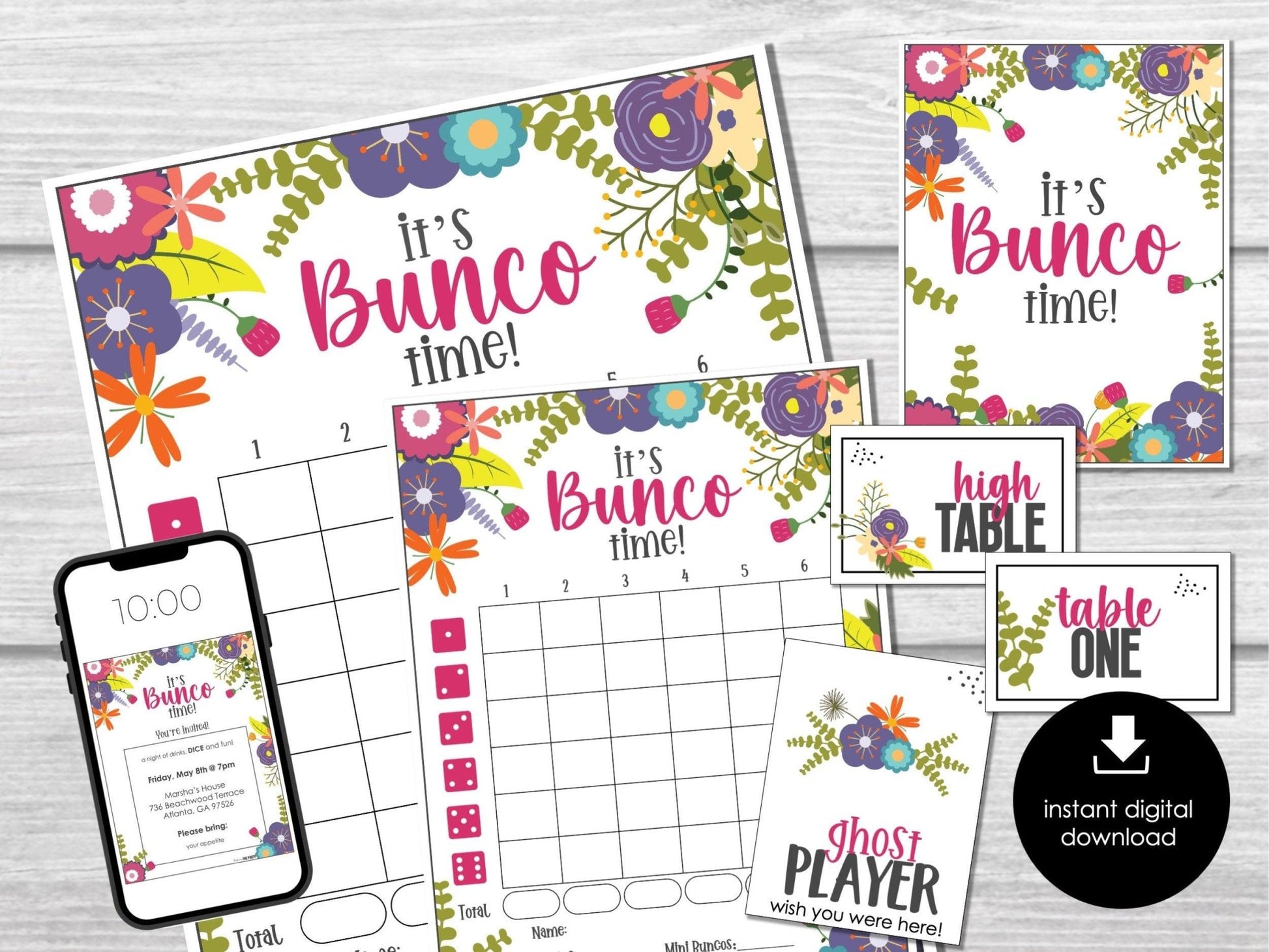 Spring Bunco Score Cards, May Bunco Score Sheets, Flowers Bunco Invitation, Floral Bunco Party Kit, Spring Floral Bunco Night, Bunko - Before The Party