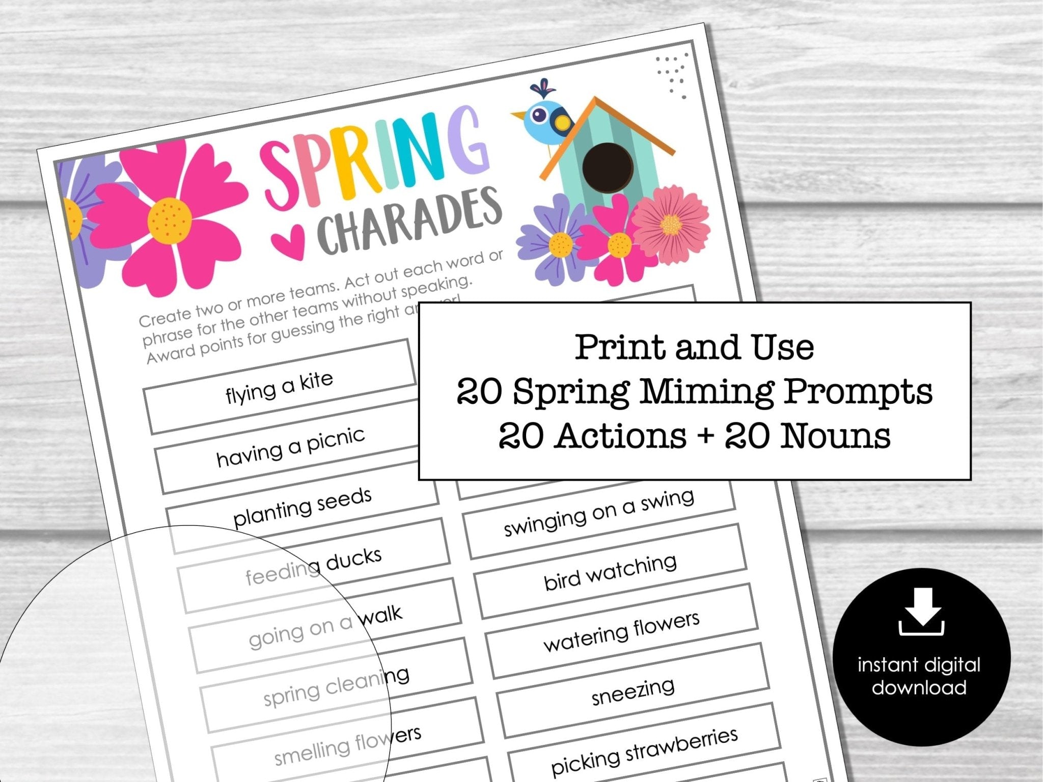 Spring Charades Party Game for Kids, Classroom Charades for Springtime, Spring Miming Game, Spring Activity for Kids - Editable Download